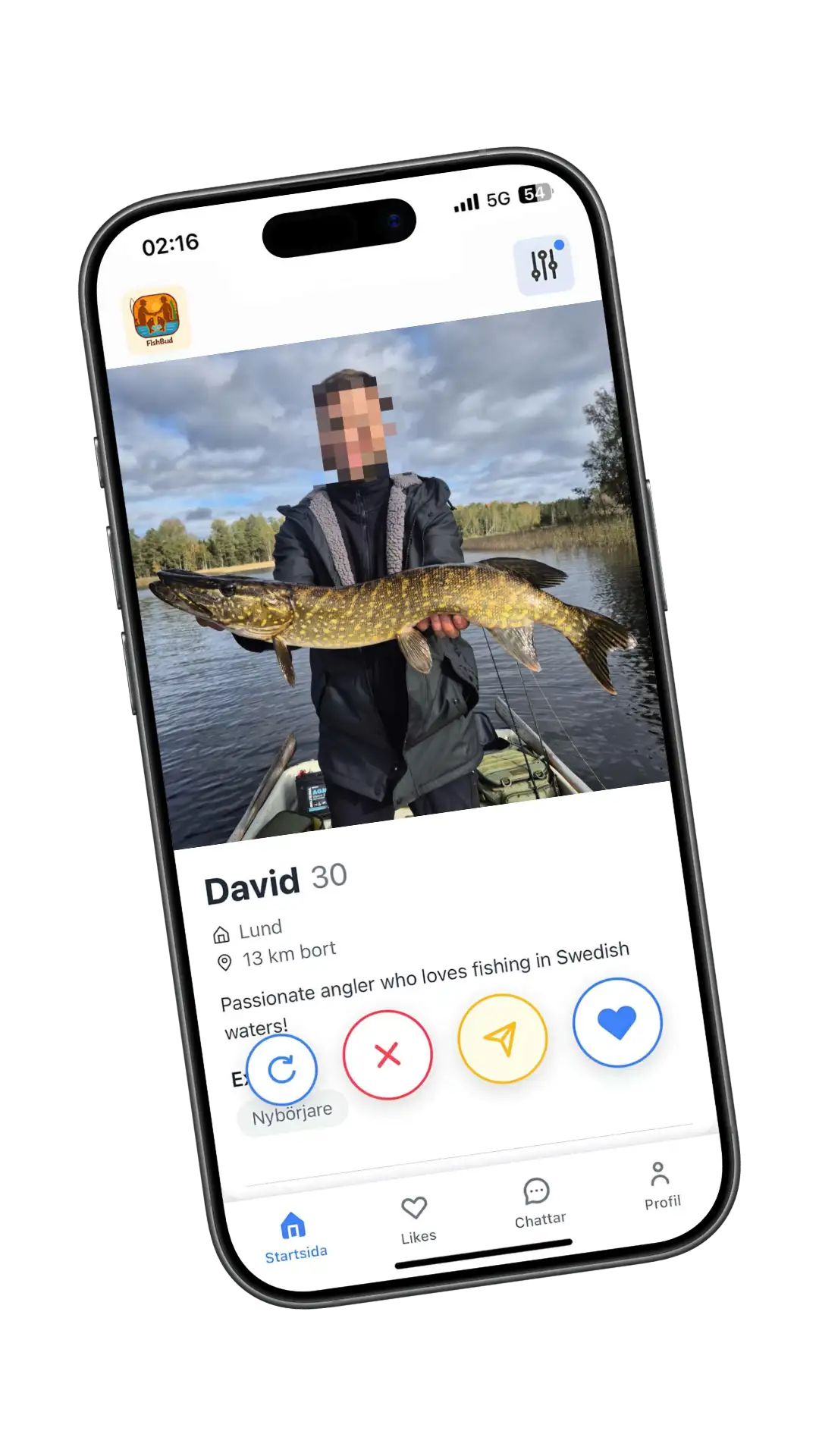 FishBud mobile app interface showing fishing buddy matching and profile features on iPhone